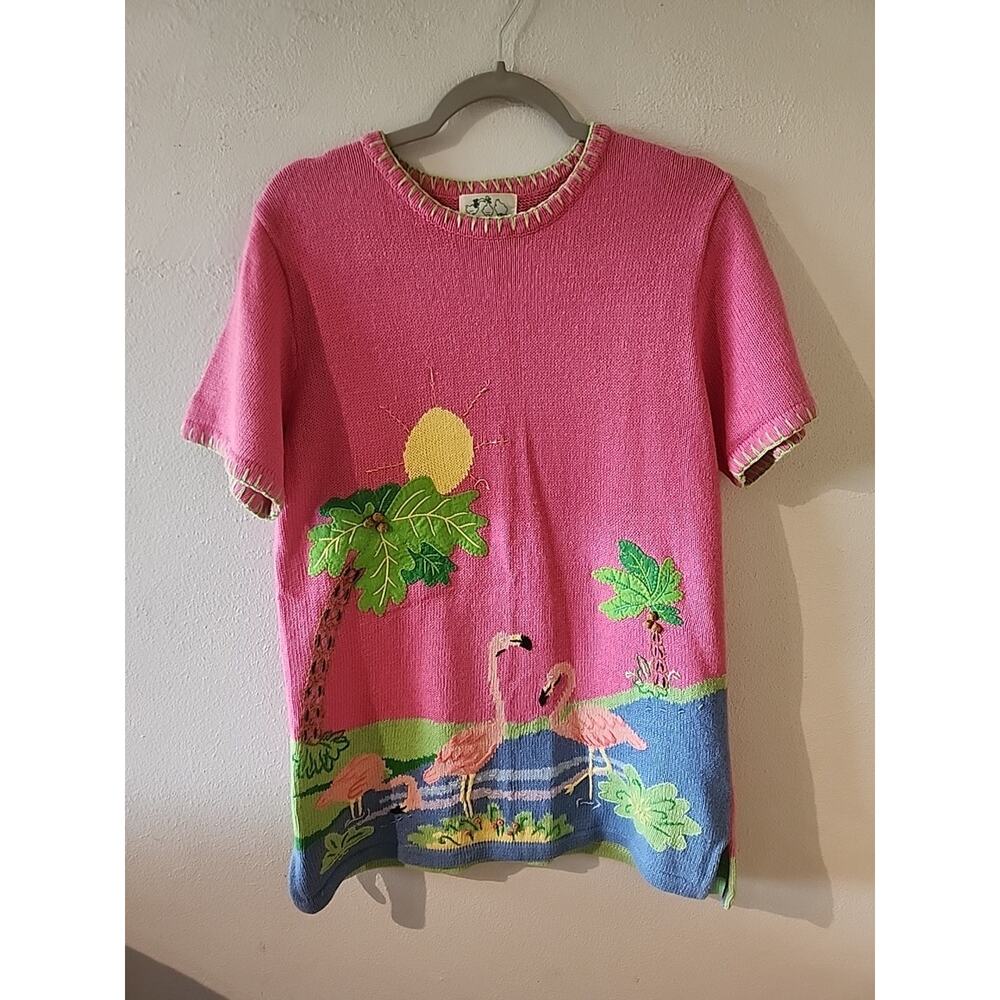 Vintage Quacker Factory Summer Flamingo Pink Short Sleeve Tunic Sweater Small